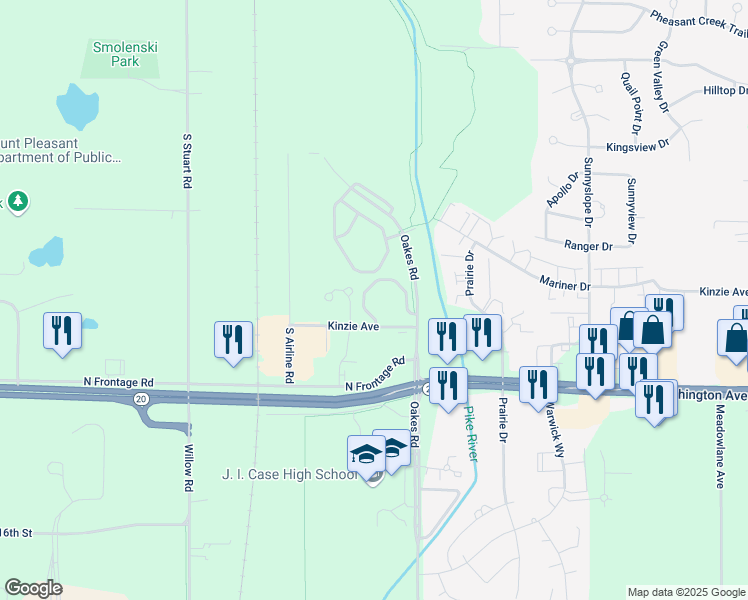 map of restaurants, bars, coffee shops, grocery stores, and more near 1120 Oakes Road in Racine