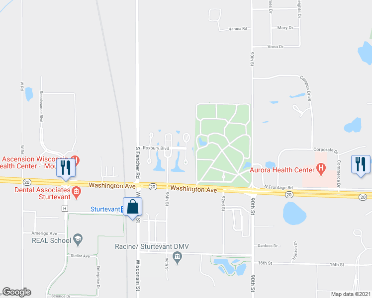 map of restaurants, bars, coffee shops, grocery stores, and more near Stratford Court in Racine