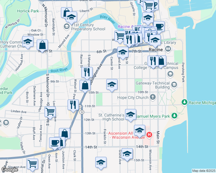 map of restaurants, bars, coffee shops, grocery stores, and more near 924 Center Street in Racine