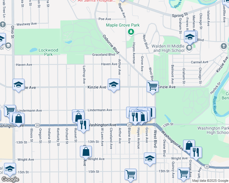 map of restaurants, bars, coffee shops, grocery stores, and more near 3501 Kinzie Avenue in Racine