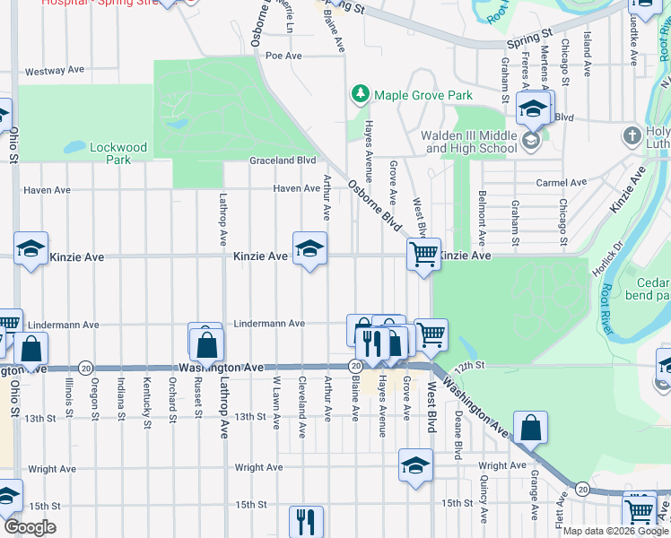 map of restaurants, bars, coffee shops, grocery stores, and more near 932 Blaine Avenue in Racine