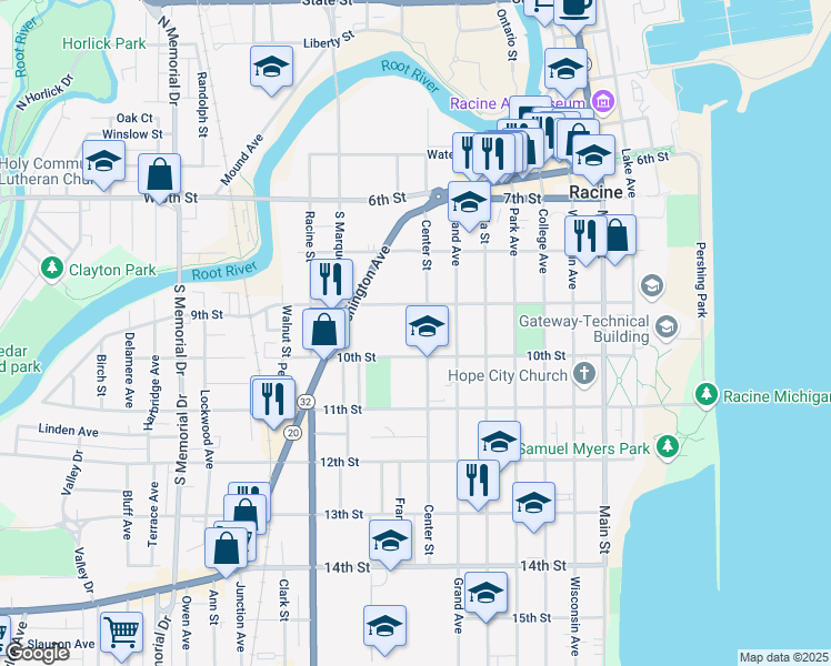 map of restaurants, bars, coffee shops, grocery stores, and more near 924 Center Street in Racine