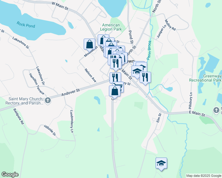 map of restaurants, bars, coffee shops, grocery stores, and more near 43 Central Street in Georgetown