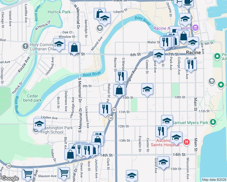map of restaurants, bars, coffee shops, grocery stores, and more near 958 Washington Avenue in Racine