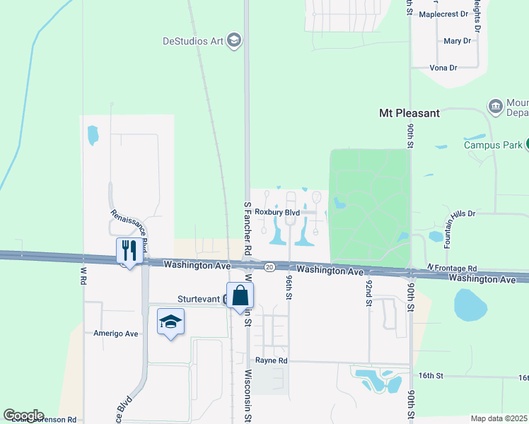 map of restaurants, bars, coffee shops, grocery stores, and more near Bedford Court in Racine