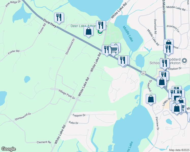map of restaurants, bars, coffee shops, grocery stores, and more near 5850 White Lake Road in Village of Clarkston