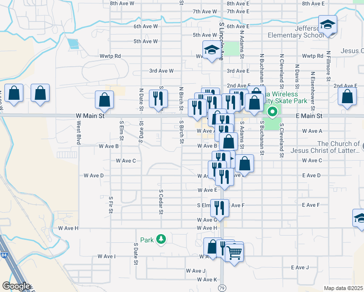 map of restaurants, bars, coffee shops, grocery stores, and more near 313 South Birch Street in Jerome