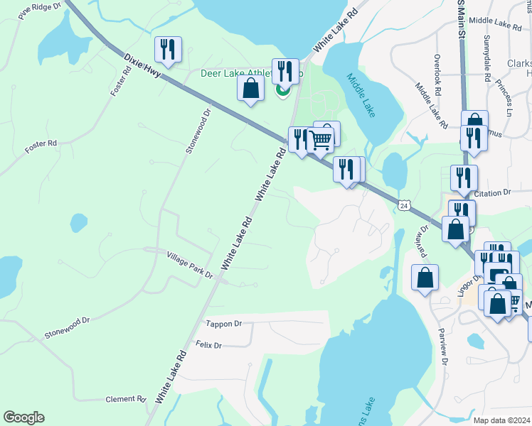 map of restaurants, bars, coffee shops, grocery stores, and more near 5850 White Lake Road in Village of Clarkston