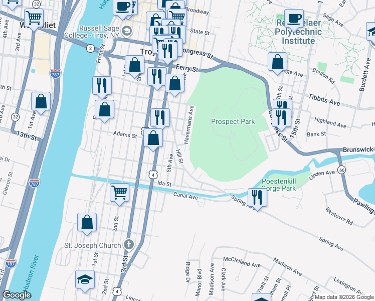 map of restaurants, bars, coffee shops, grocery stores, and more near 117 Hill Street in Troy