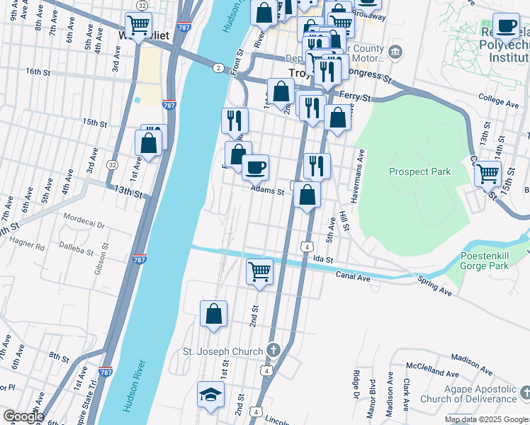 map of restaurants, bars, coffee shops, grocery stores, and more near 262 2nd Street in Troy