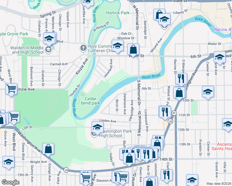 map of restaurants, bars, coffee shops, grocery stores, and more near 1750 9th Street in Racine