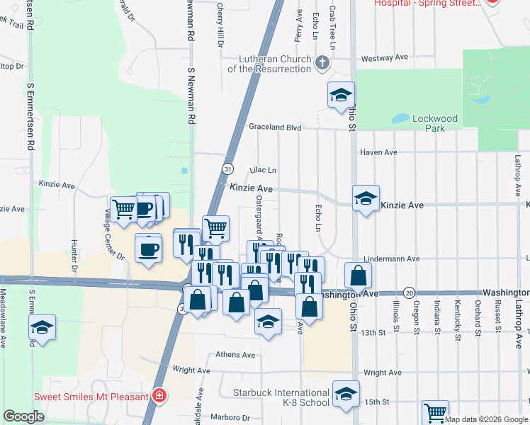 map of restaurants, bars, coffee shops, grocery stores, and more near 929 Ostergaard Avenue in Racine