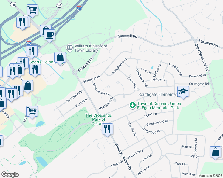 map of restaurants, bars, coffee shops, grocery stores, and more near 17 Winchester Place in Albany