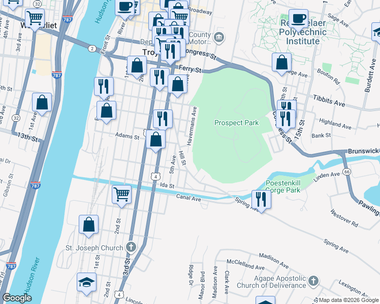 map of restaurants, bars, coffee shops, grocery stores, and more near 117 Hill Street in Troy