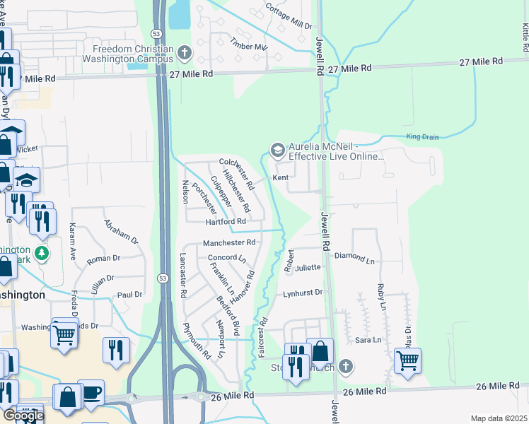 map of restaurants, bars, coffee shops, grocery stores, and more near 58048 Colchester Road in Washington