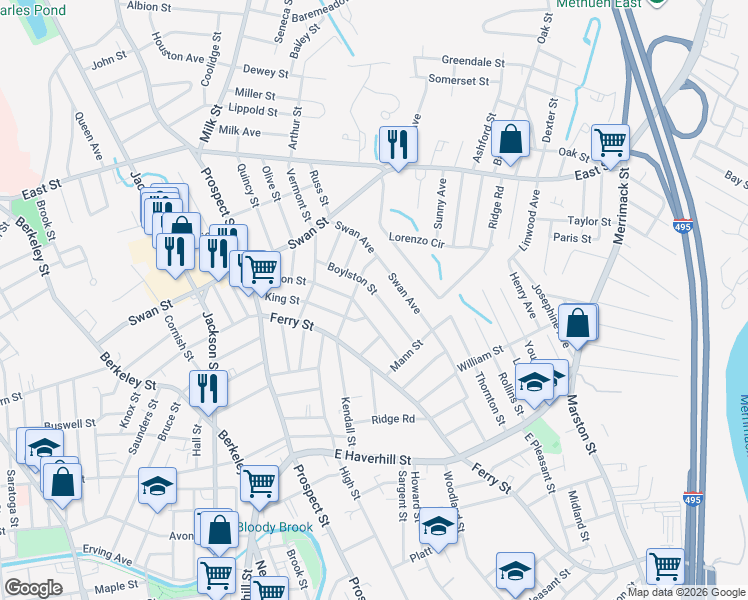map of restaurants, bars, coffee shops, grocery stores, and more near 27B Boston Street in Lawrence