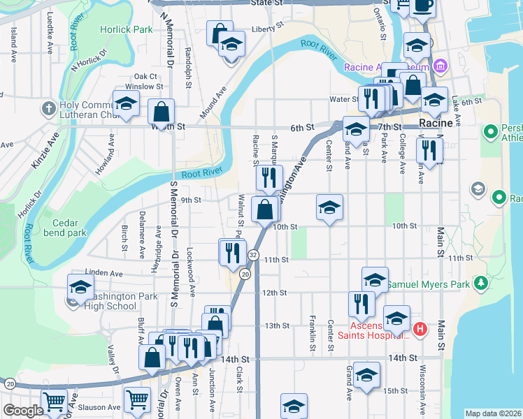 map of restaurants, bars, coffee shops, grocery stores, and more near 958 Washington Avenue in Racine
