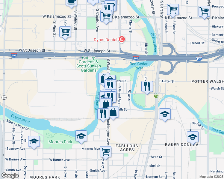 map of restaurants, bars, coffee shops, grocery stores, and more near 1001 South Washington Avenue in Lansing