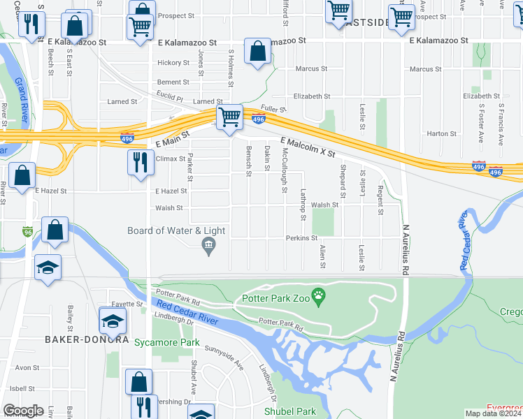 map of restaurants, bars, coffee shops, grocery stores, and more near 1104 Dakin Street in Lansing