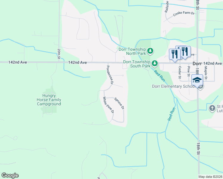 map of restaurants, bars, coffee shops, grocery stores, and more near 4175 Ponderosa Drive in Dorr