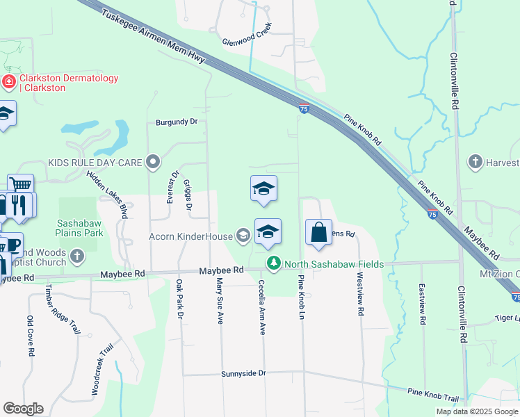 map of restaurants, bars, coffee shops, grocery stores, and more near 5565 Pine Knob Road in Clarkston
