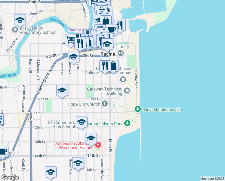 map of restaurants, bars, coffee shops, grocery stores, and more near 921 Main Street in Racine