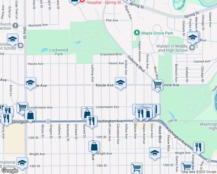 map of restaurants, bars, coffee shops, grocery stores, and more near 902 West Lawn Avenue in Racine