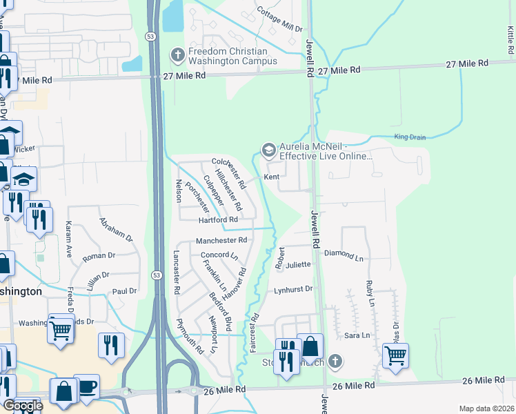 map of restaurants, bars, coffee shops, grocery stores, and more near 58162 Colchester Road in Washington