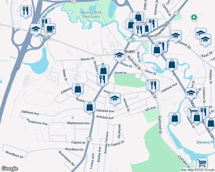 map of restaurants, bars, coffee shops, grocery stores, and more near 7 Goldsmith Court in Methuen
