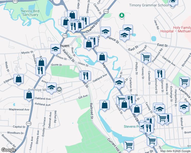 map of restaurants, bars, coffee shops, grocery stores, and more near 13 River Place in Methuen