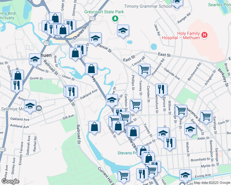 map of restaurants, bars, coffee shops, grocery stores, and more near 35 Hardy Street in Methuen