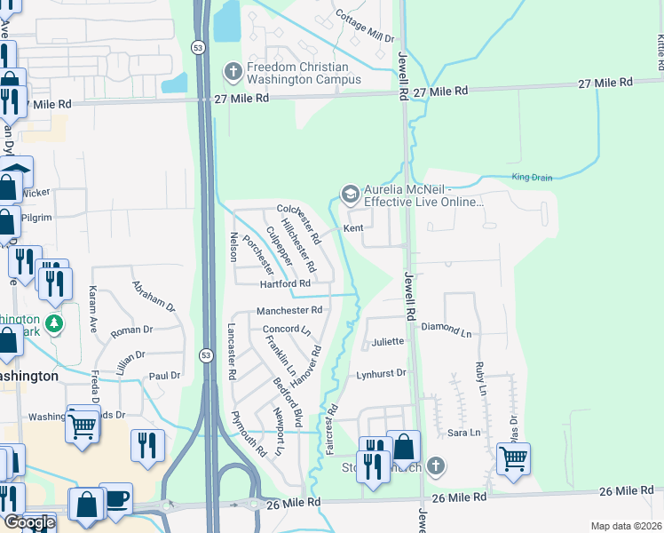 map of restaurants, bars, coffee shops, grocery stores, and more near 58078 Colchester Road in Washington