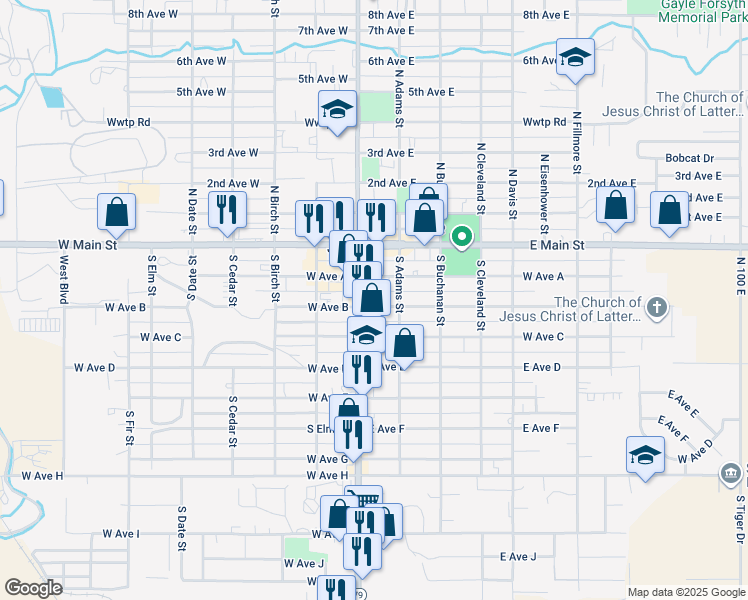 map of restaurants, bars, coffee shops, grocery stores, and more near 147 East Avenue A in Jerome