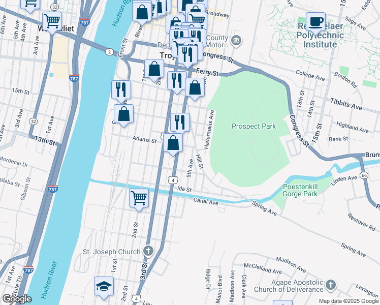 map of restaurants, bars, coffee shops, grocery stores, and more near 108 Adams Street in Troy