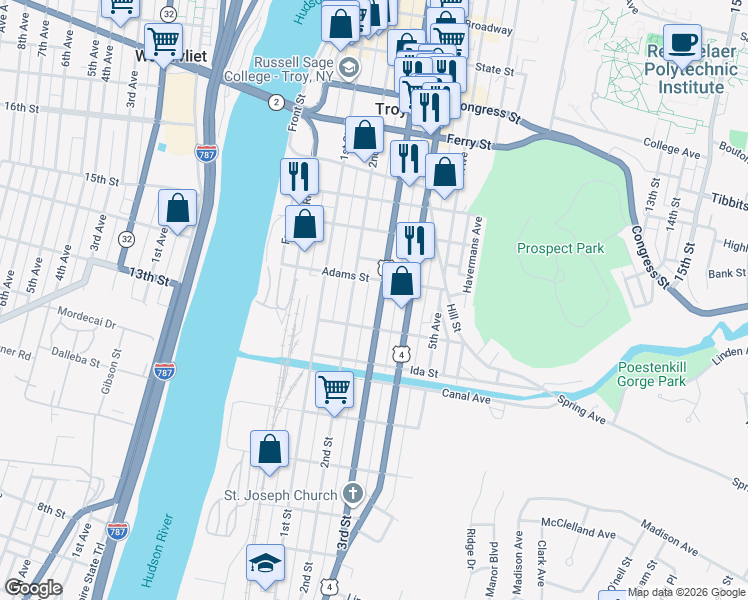 map of restaurants, bars, coffee shops, grocery stores, and more near in Troy