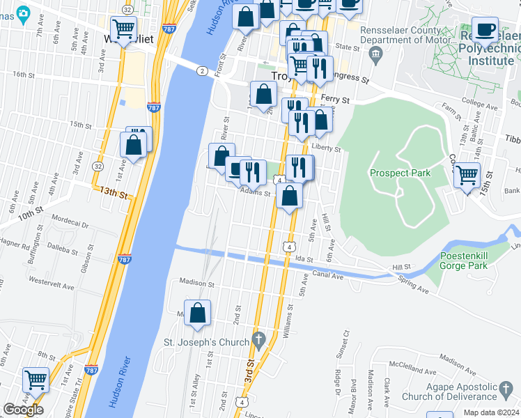 map of restaurants, bars, coffee shops, grocery stores, and more near 222 2nd Street in Troy