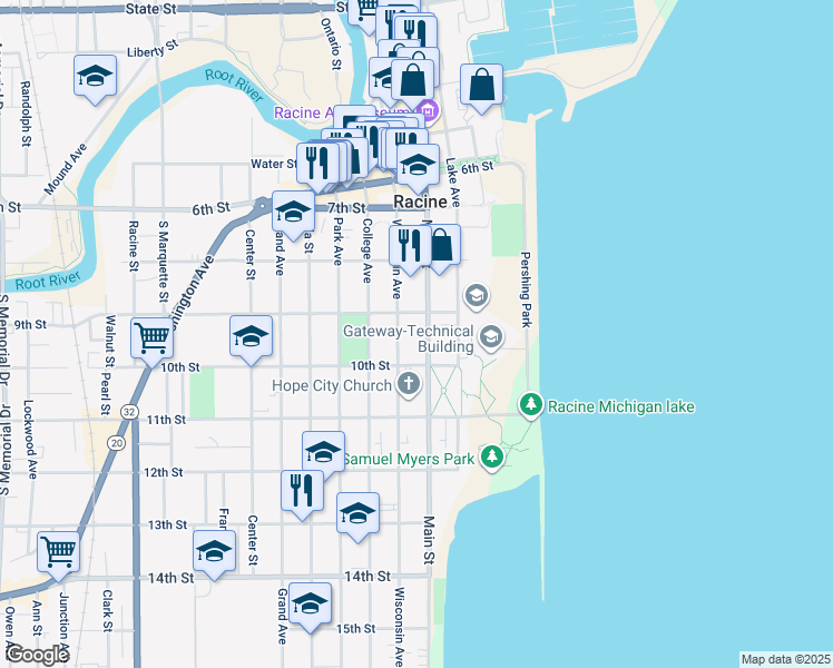 map of restaurants, bars, coffee shops, grocery stores, and more near 900 Main Street in Racine
