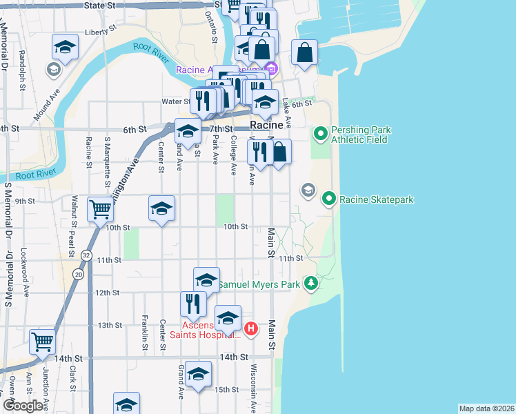 map of restaurants, bars, coffee shops, grocery stores, and more near 900 Main Street in Racine