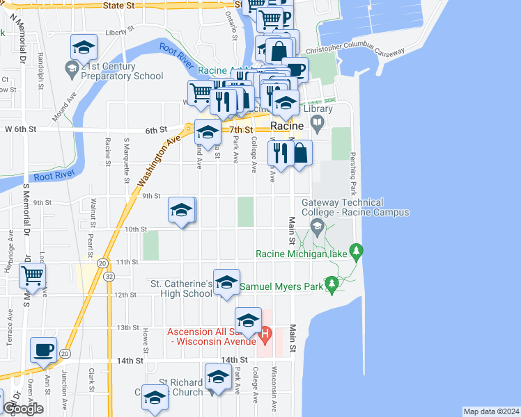 map of restaurants, bars, coffee shops, grocery stores, and more near 901 College Avenue in Racine
