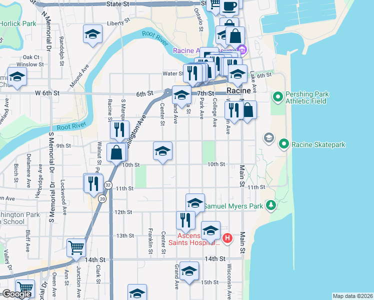 map of restaurants, bars, coffee shops, grocery stores, and more near in Racine