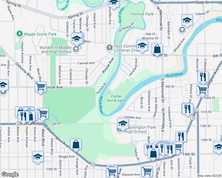 map of restaurants, bars, coffee shops, grocery stores, and more near 11 Riverside Drive in Racine