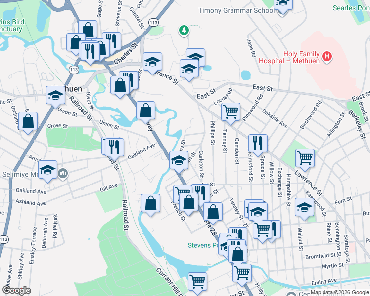 map of restaurants, bars, coffee shops, grocery stores, and more near 35 Hardy Street in Methuen