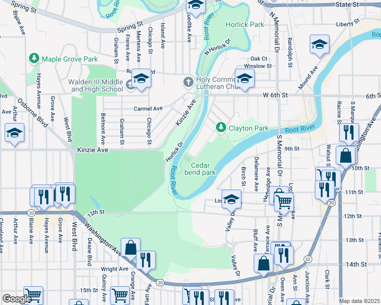 map of restaurants, bars, coffee shops, grocery stores, and more near 11 Riverside Drive in Racine