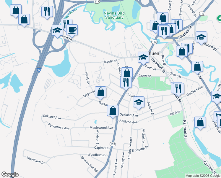 map of restaurants, bars, coffee shops, grocery stores, and more near 21 Pinedale Avenue in Methuen
