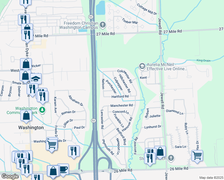 map of restaurants, bars, coffee shops, grocery stores, and more near 58301 Porchester in Washington