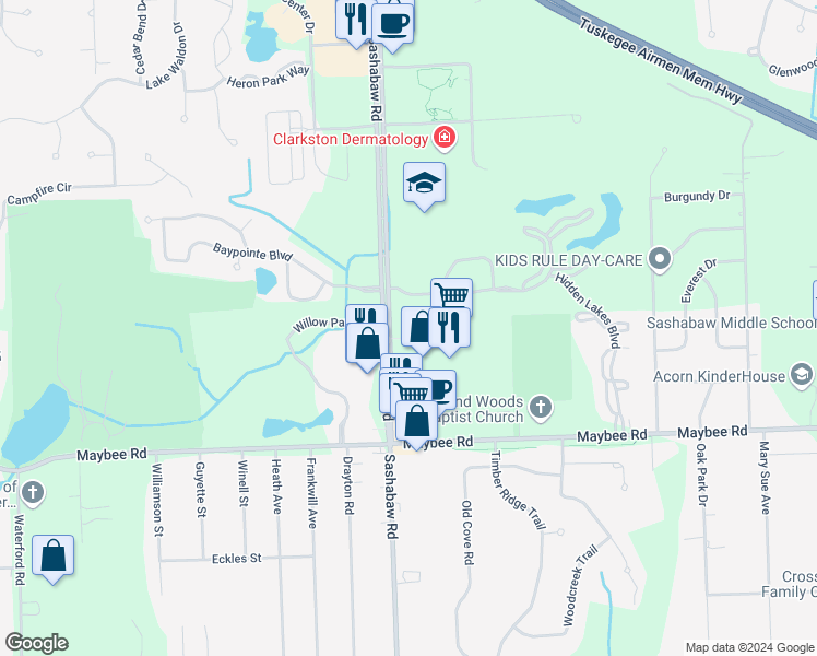 map of restaurants, bars, coffee shops, grocery stores, and more near 5720 Sashabaw Road in Village of Clarkston