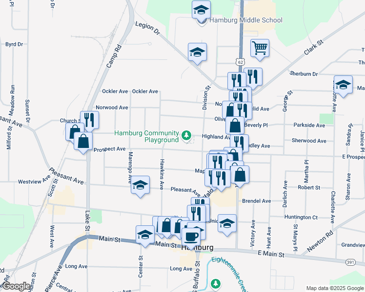 map of restaurants, bars, coffee shops, grocery stores, and more near 129 Prospect Avenue in Hamburg