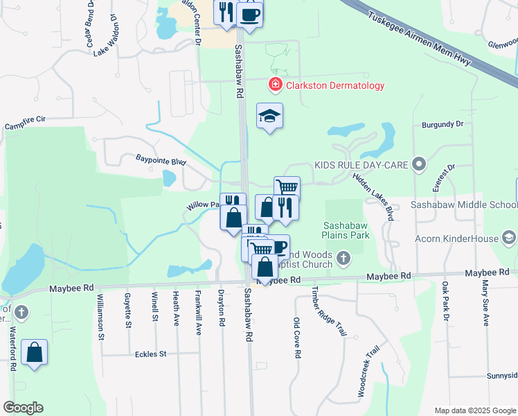 map of restaurants, bars, coffee shops, grocery stores, and more near 5720 Sashabaw Road in City of the Village of Clarkston