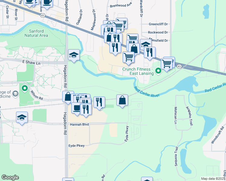 map of restaurants, bars, coffee shops, grocery stores, and more near 1611 River Terrace in East Lansing