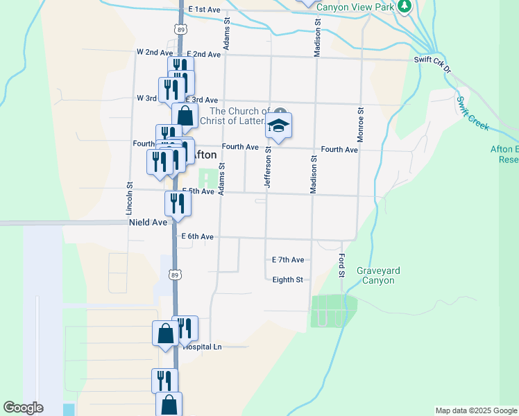 map of restaurants, bars, coffee shops, grocery stores, and more near 500-598 Jefferson Street in Afton